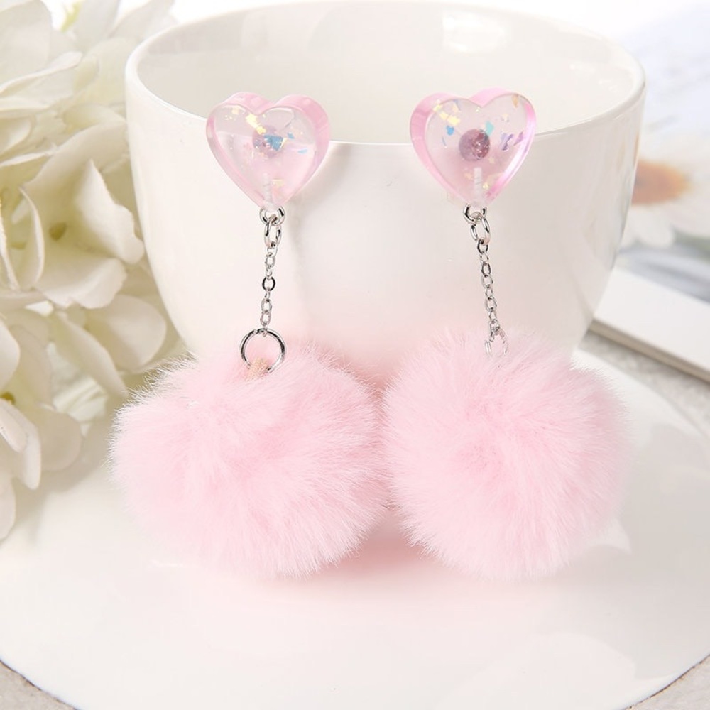 Pink Heart Drop Pom-Pom Earrings for Kids